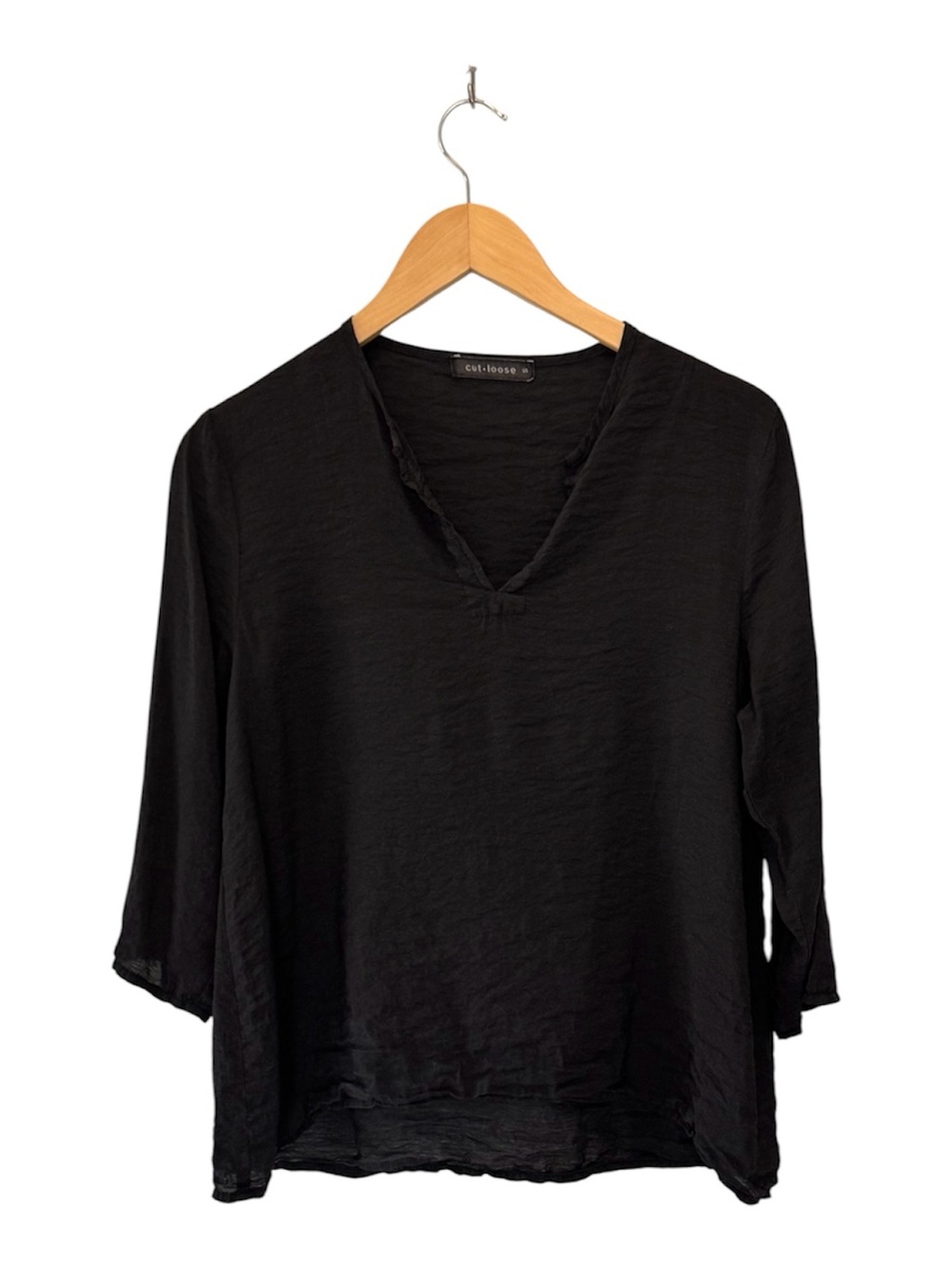 Cut Loose Black V-Neck 3/4 Sleeve Top Boxy Lagenlook Small Made in USA